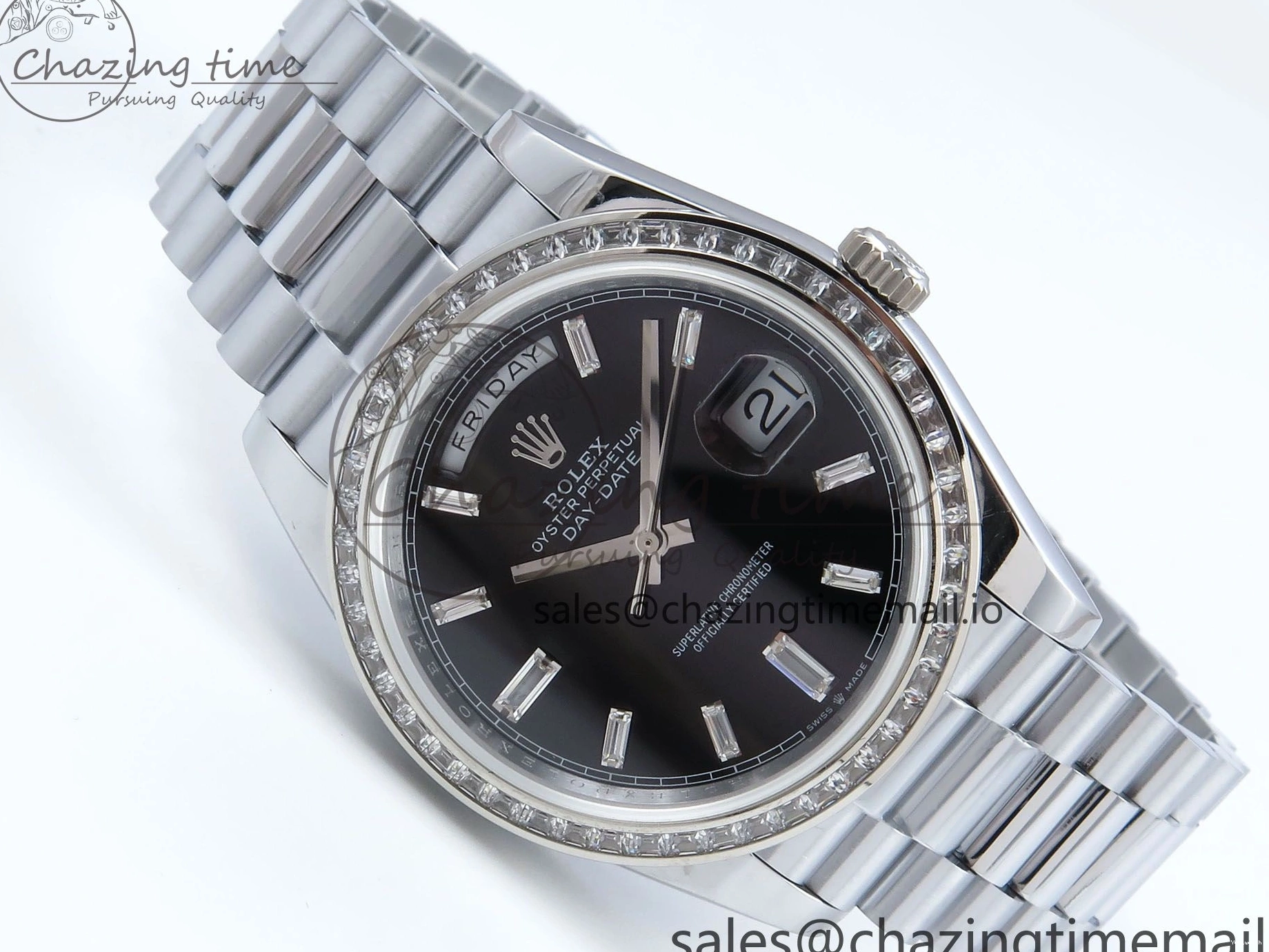 on QF 40 Edition Bracelet (Gain 1:1 DayDate Black V5 Best A2836 Crystal SS Bezel Dial Diamonds President Weight) 0315